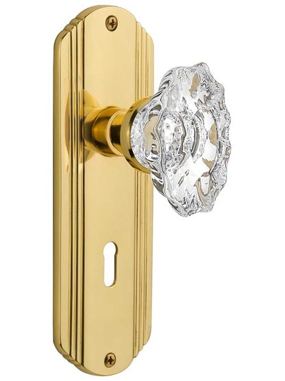 Streamline Deco Mortise-Lock Set with Chateau Crystal Glass Knobs in Polished Brass.